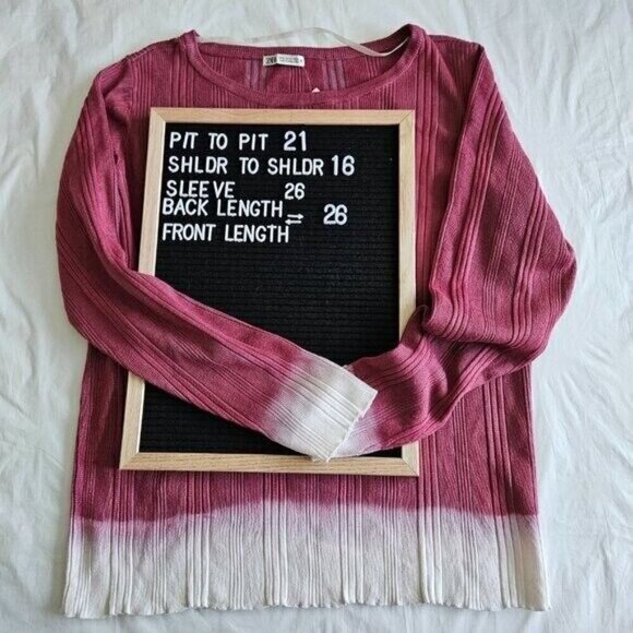 Zara Sweater Womens XL Wine Dipped White Cuffs Hem Scoop Neck Ribbed Knit Boho - Picture 12 of 12